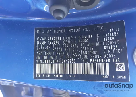 2018 Honda Civic Touring z USA, uszkodzony, nr VIN JHMFC1F95JX017753